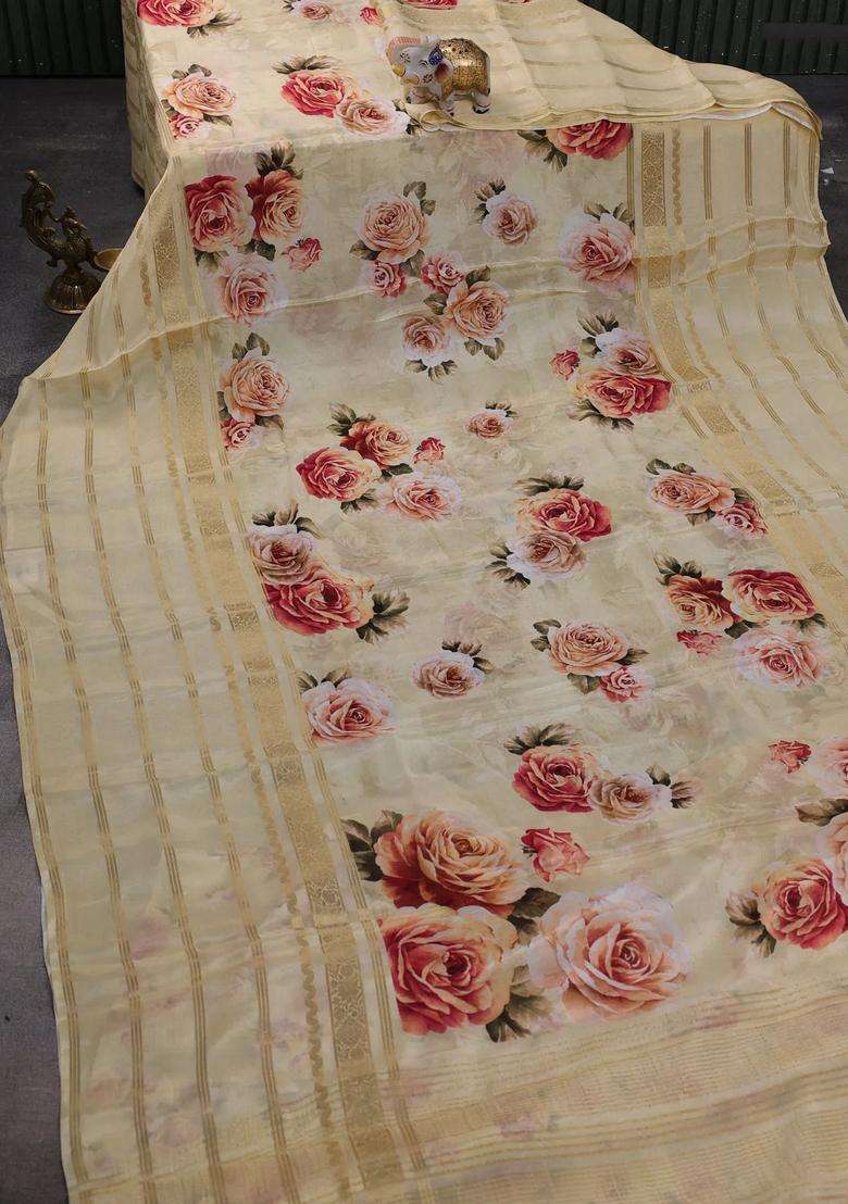Semi Georgette Saree Pale Yellow With Allover Floral Prints And Long Zari Woven Border With Printed Design For Women - Indya