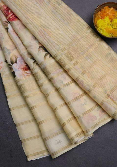Semi Georgette Saree Pale Yellow With Allover Floral Prints And Long Zari Woven Border With Printed Design For Women