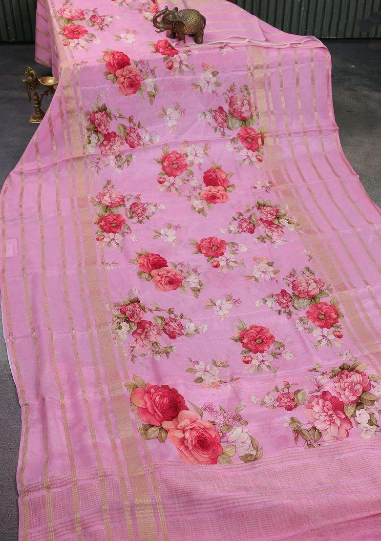 Semi Georgette Saree Light Pink With Allover Floral Prints And Long Zari Woven Border With Printed Design For Women - Indya