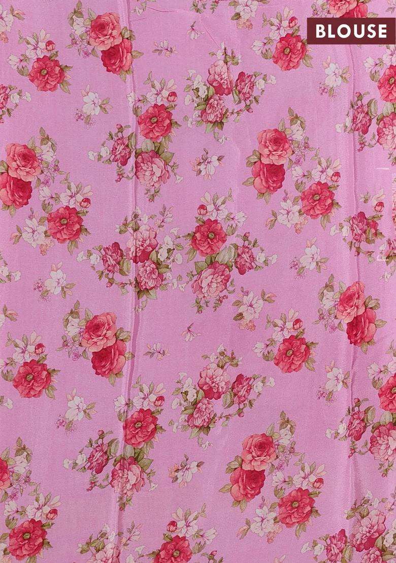 Semi Georgette Saree Light Pink With Allover Floral Prints And Long Zari Woven Border With Printed Design For Women - Indya