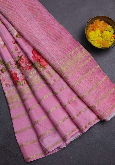 Semi Georgette Saree Light Pink With Allover Floral Prints And Long Zari Woven Border With Printed Design For Women