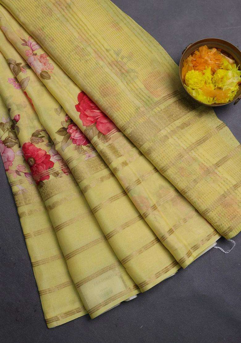 Semi Georgette Saree Yellow With Allover Floral Prints And Long Zari Woven Border With Printed Design For Women - Indya