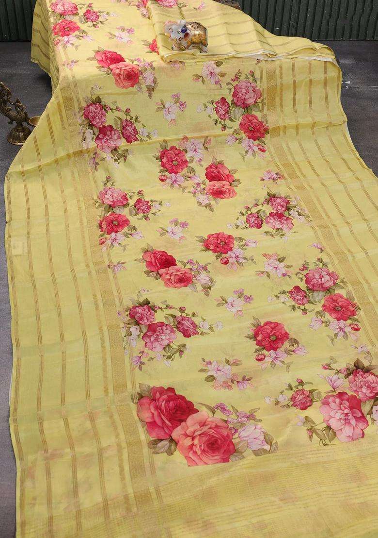 Semi Georgette Saree Yellow With Allover Floral Prints And Long Zari Woven Border With Printed Design For Women - Indya