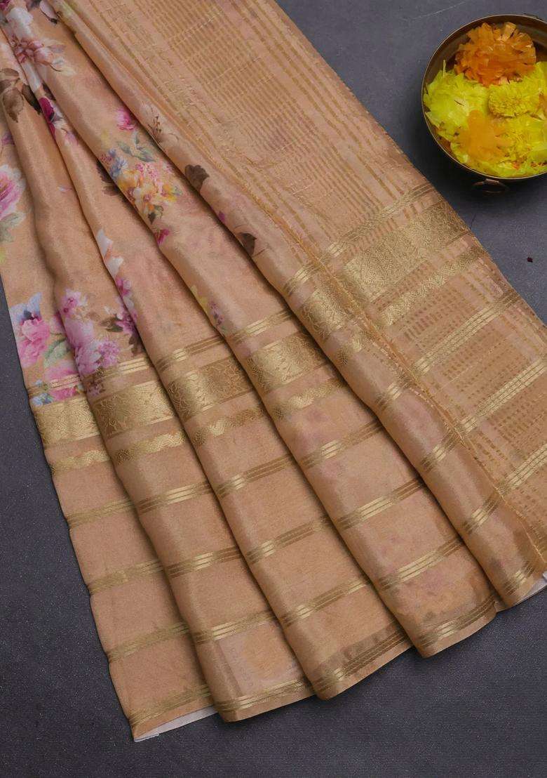 Semi Georgette Saree Orange With Allover Floral Prints And Long Zari Woven Border With Printed Design For Women - Indya