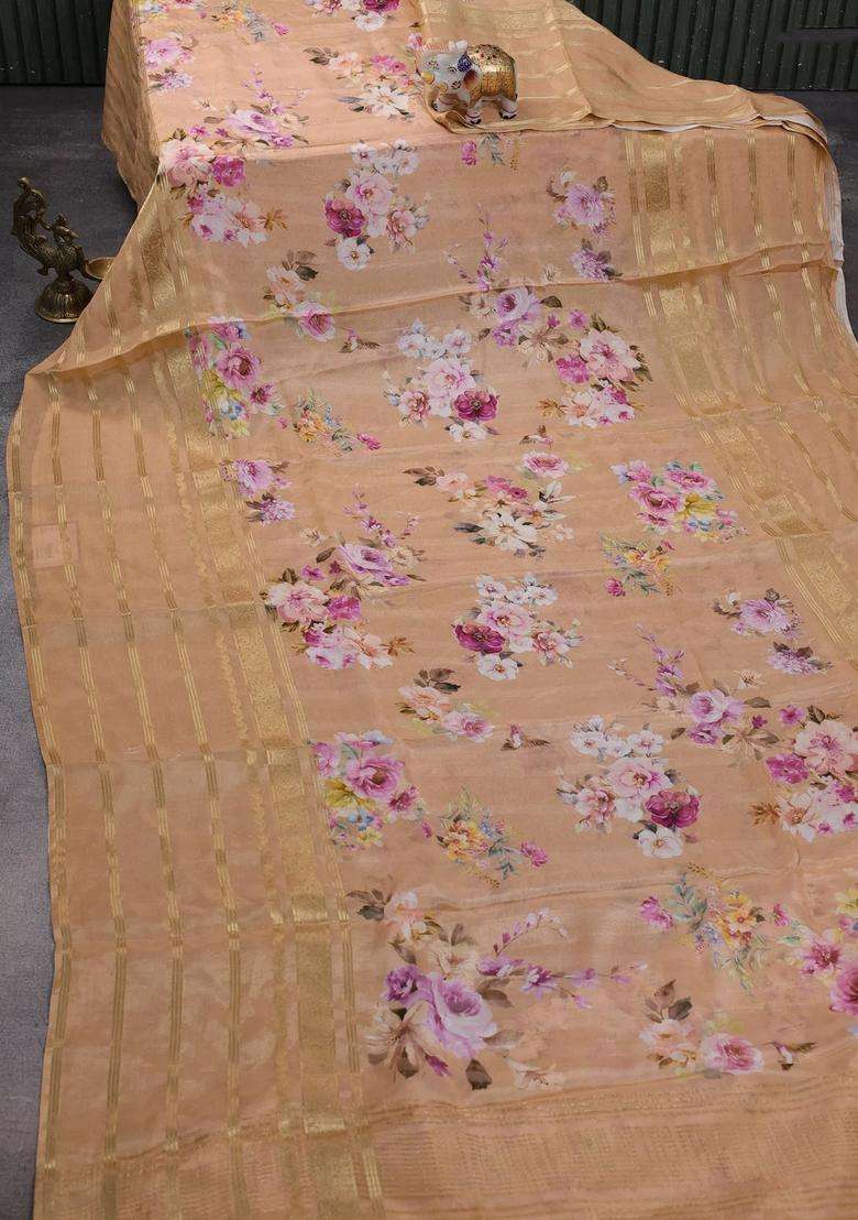 Semi Georgette Saree Orange With Allover Floral Prints And Long Zari Woven Border With Printed Design For Women - Indya