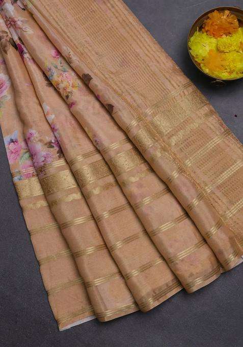 Semi Georgette Saree Orange With Allover Floral Prints And Long Zari Woven Border With Printed Design For Women