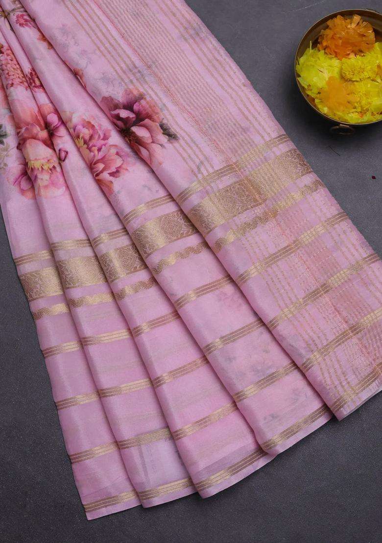 Semi Georgette Saree Light Pink With Allover Floral Prints And Long Zari Woven Border With Printed Design For Women - Indya