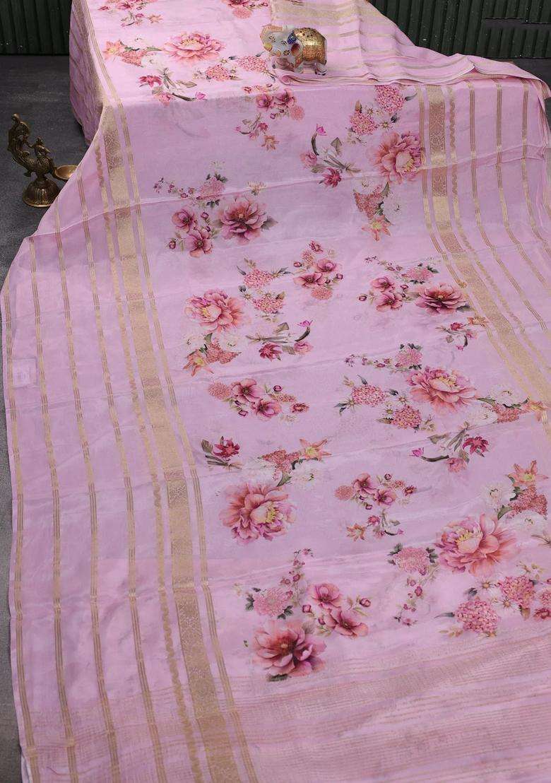 Semi Georgette Saree Light Pink With Allover Floral Prints And Long Zari Woven Border With Printed Design For Women - Indya