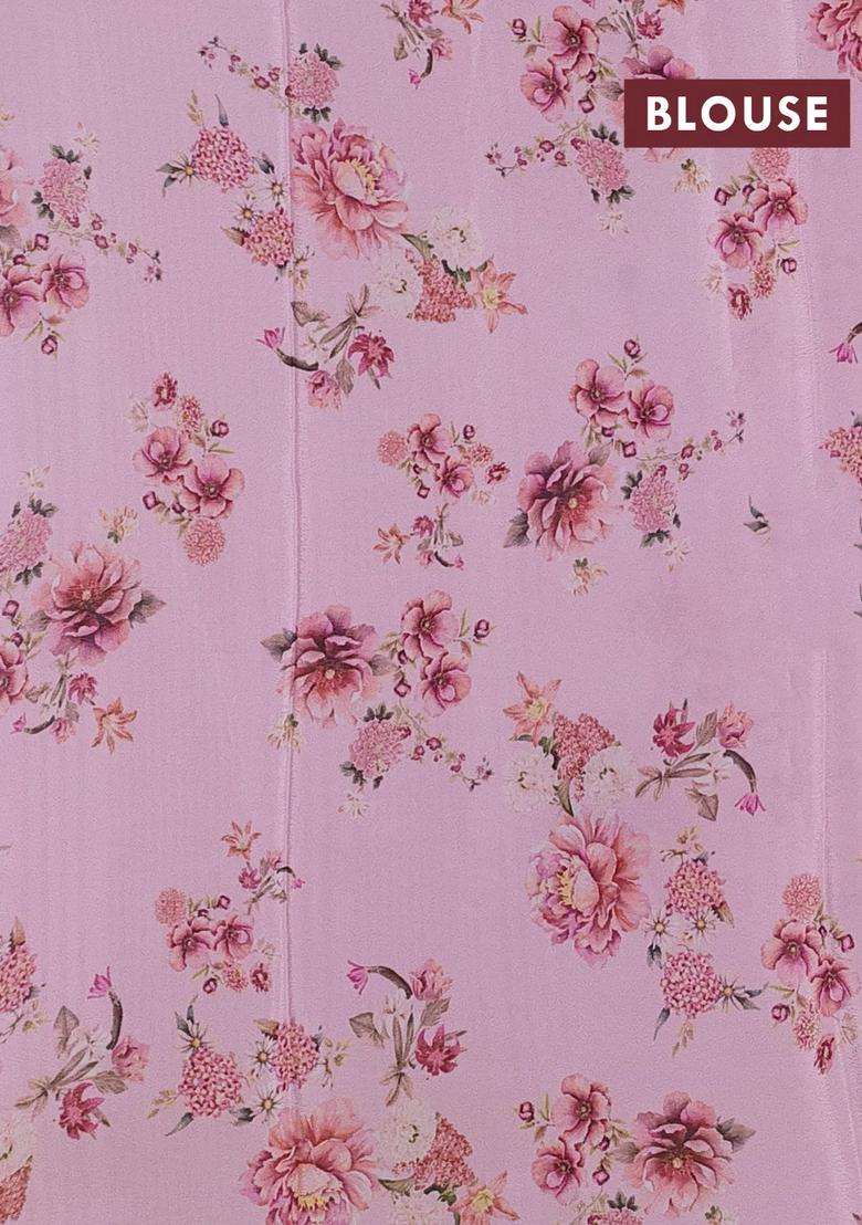 Semi Georgette Saree Light Pink With Allover Floral Prints And Long Zari Woven Border With Printed Design For Women - Indya