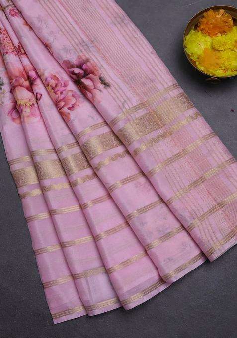 Semi Georgette Saree Light Pink With Allover Floral Prints And Long Zari Woven Border With Printed Design For Women