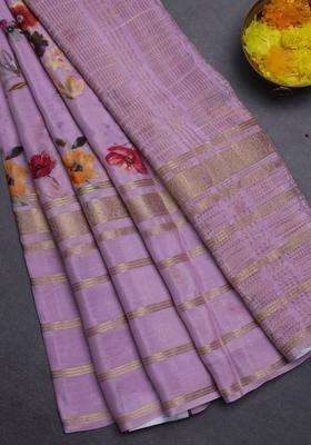 Semi Georgette Saree Lavender With Allover Floral Prints And Long Zari Woven Border With Printed Design For Women