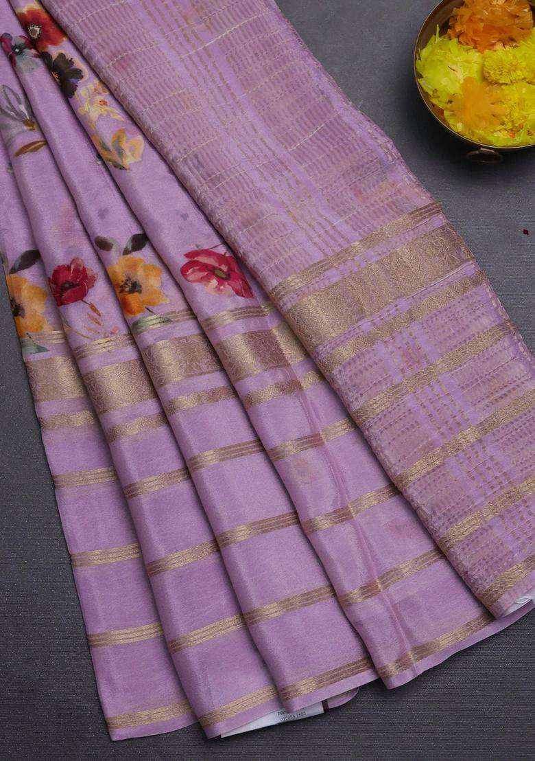 Semi Georgette Saree Lavender With Allover Floral Prints And Long Zari Woven Border With Printed Design For Women - Indya