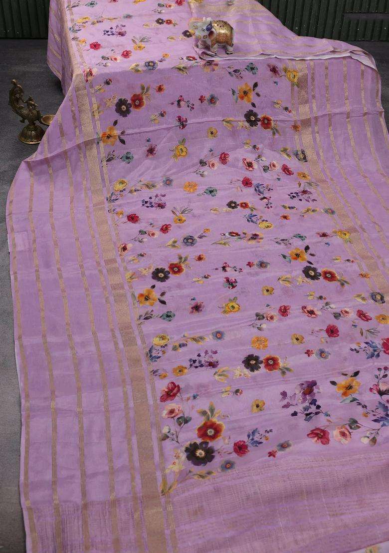 Semi Georgette Saree Lavender With Allover Floral Prints And Long Zari Woven Border With Printed Design For Women - Indya
