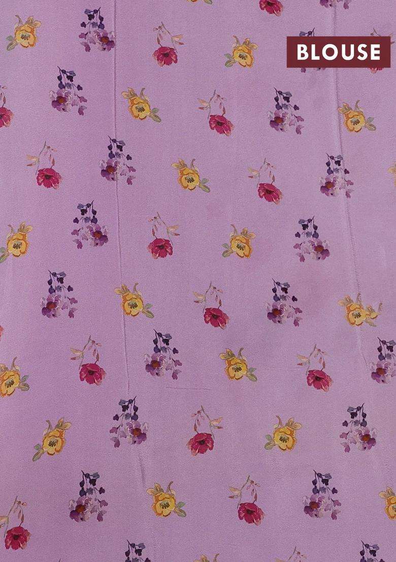 Semi Georgette Saree Lavender With Allover Floral Prints And Long Zari Woven Border With Printed Design For Women - Indya