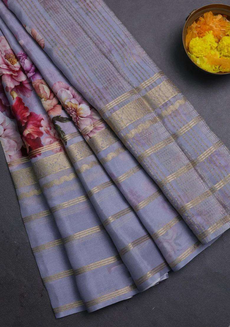 Semi Georgette Saree Grey With Allover Floral Prints And Long Zari Woven Border With Printed Design For Women - Indya