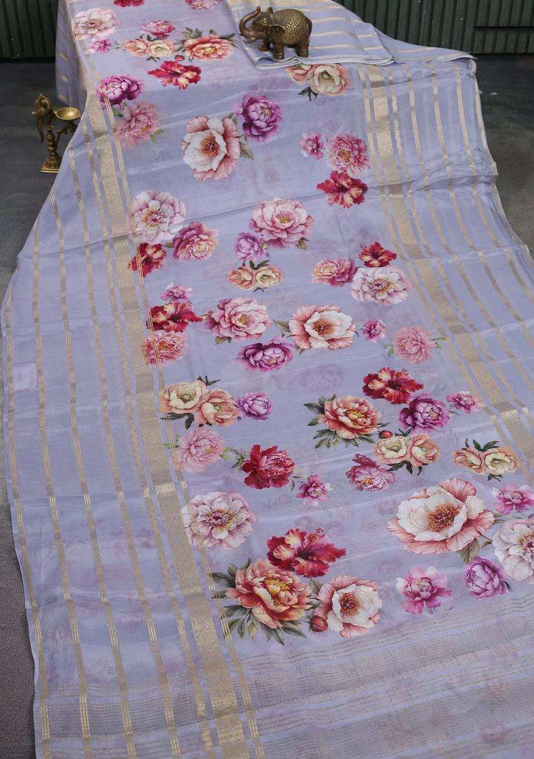 Semi Georgette Saree Grey With Allover Floral Prints And Long Zari Woven Border With Printed Design For Women - Indya