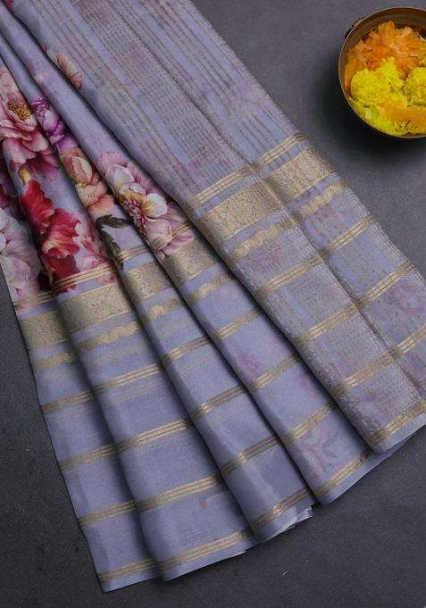 Semi Georgette Saree Grey With Allover Floral Prints And Long Zari Woven Border With Printed Design For Women