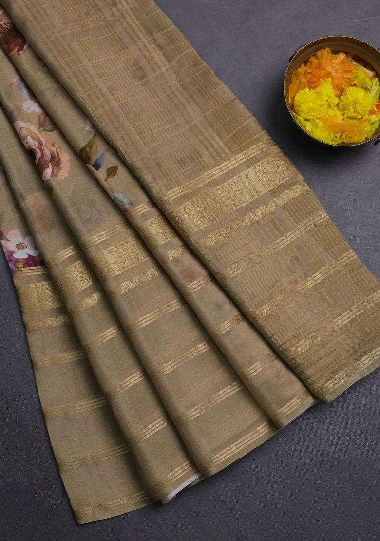 Semi Georgette Saree Elaichi Green With Allover Floral Prints And Long Zari Woven Border With Printed Design For Women - Indya