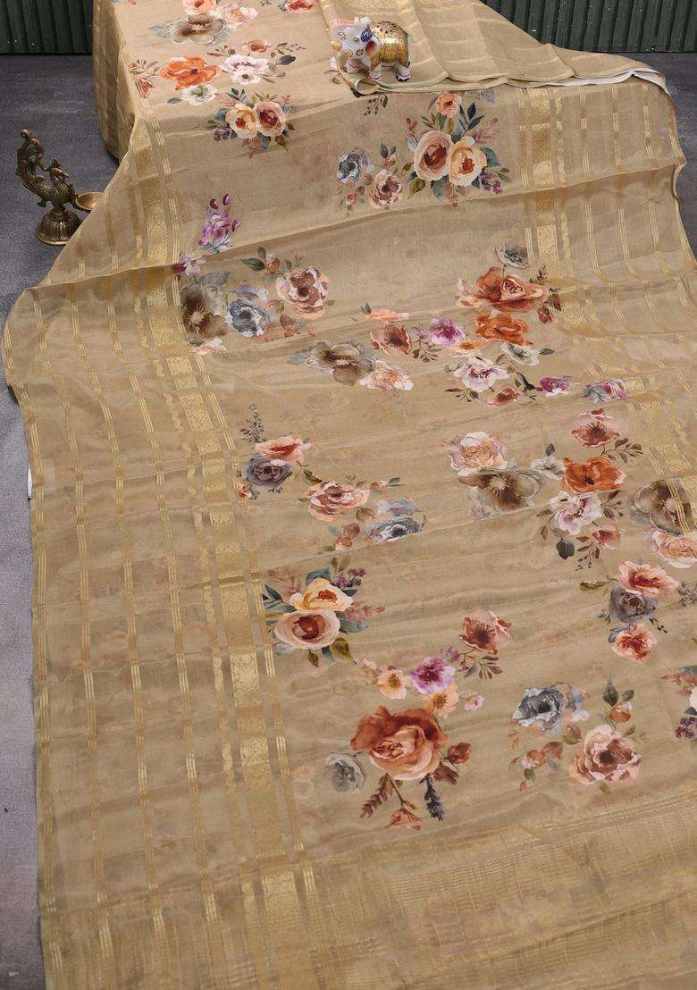 Semi Georgette Saree Elaichi Green With Allover Floral Prints And Long Zari Woven Border With Printed Design For Women - Indya