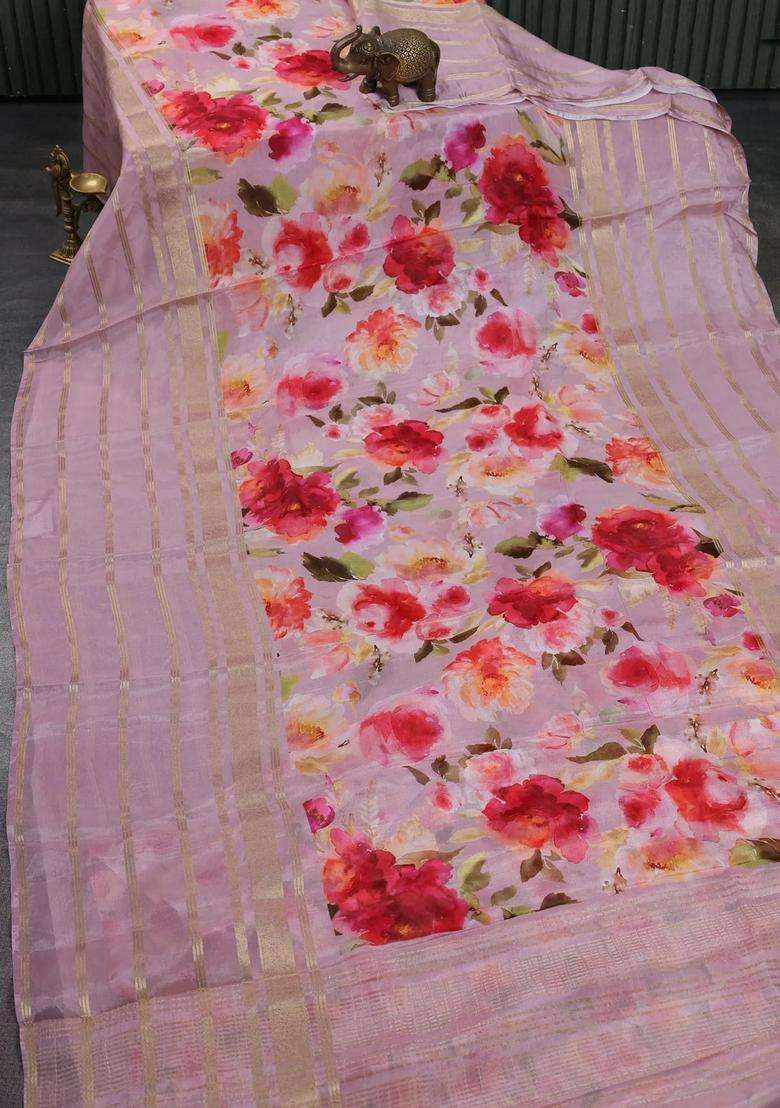 Semi Georgette Saree Mauve Pink With Allover Floral Prints And Long Zari Woven Border With Printed Design For Women - Indya
