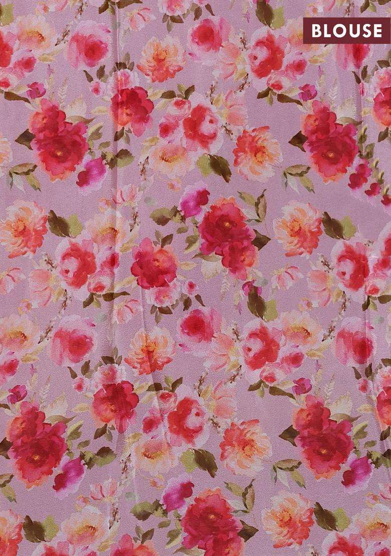 Semi Georgette Saree Mauve Pink With Allover Floral Prints And Long Zari Woven Border With Printed Design For Women - Indya