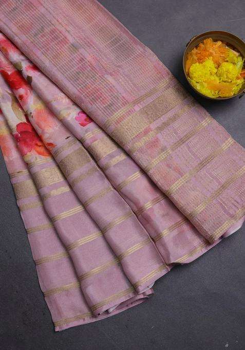 Semi Georgette Saree Mauve Pink With Allover Floral Prints And Long Zari Woven Border With Printed Design For Women