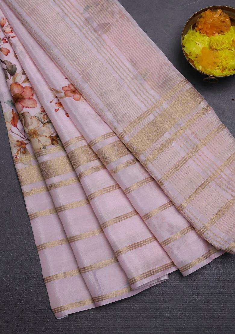 Semi Georgette Saree Baby Pink With Allover Floral Prints And Long Zari Woven Border With Printed Design For Women - Indya