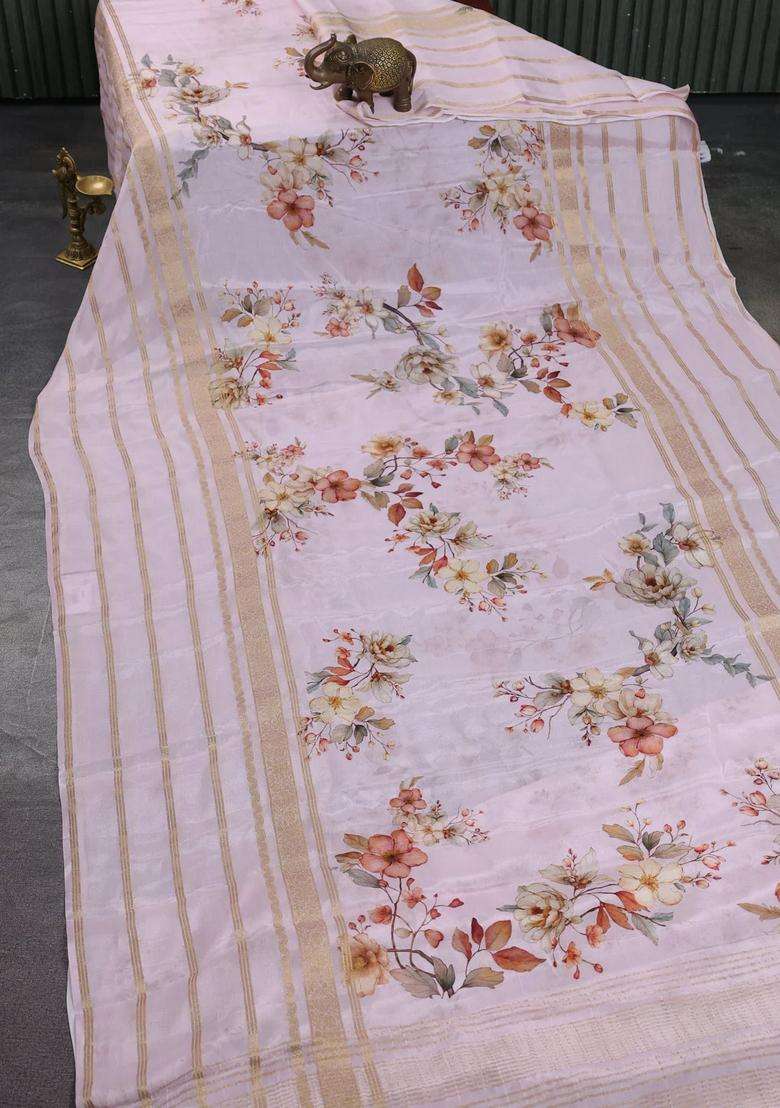 Semi Georgette Saree Baby Pink With Allover Floral Prints And Long Zari Woven Border With Printed Design For Women - Indya