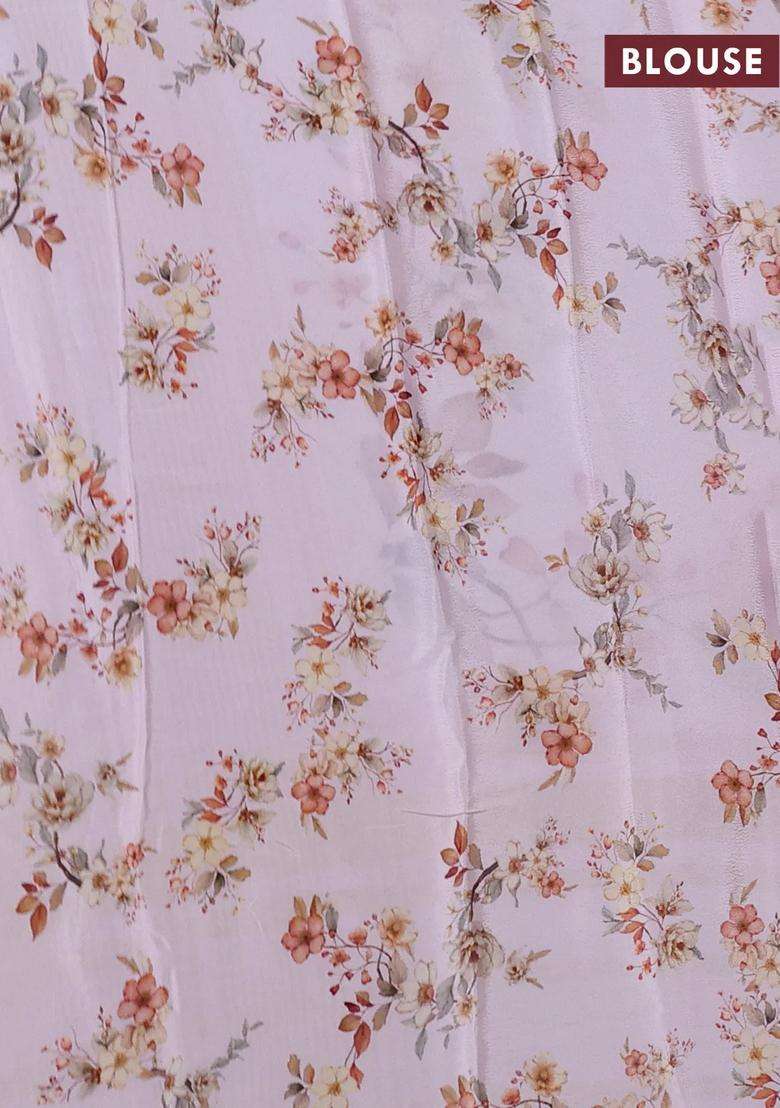Semi Georgette Saree Baby Pink With Allover Floral Prints And Long Zari Woven Border With Printed Design For Women - Indya