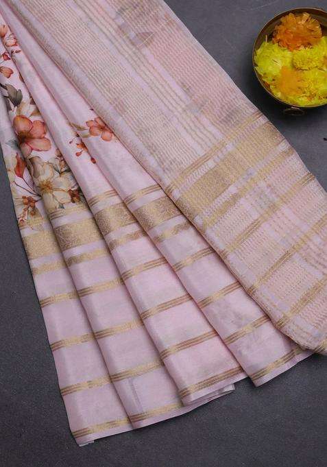 Semi Georgette Saree Baby Pink With Allover Floral Prints And Long Zari Woven Border With Printed Design For Women
