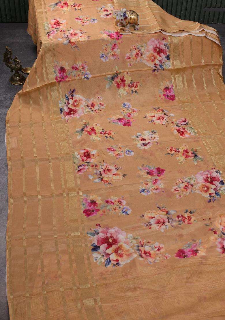 Semi Georgette Saree Pale Orange Shade With Allover Floral Prints And Long Zari Woven Border With Printed Design For Women - Indya