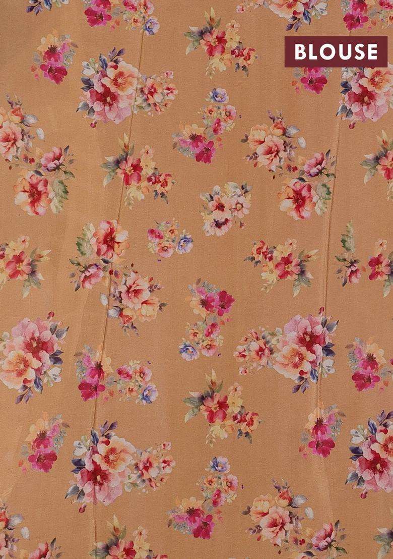 Semi Georgette Saree Pale Orange Shade With Allover Floral Prints And Long Zari Woven Border With Printed Design For Women - Indya