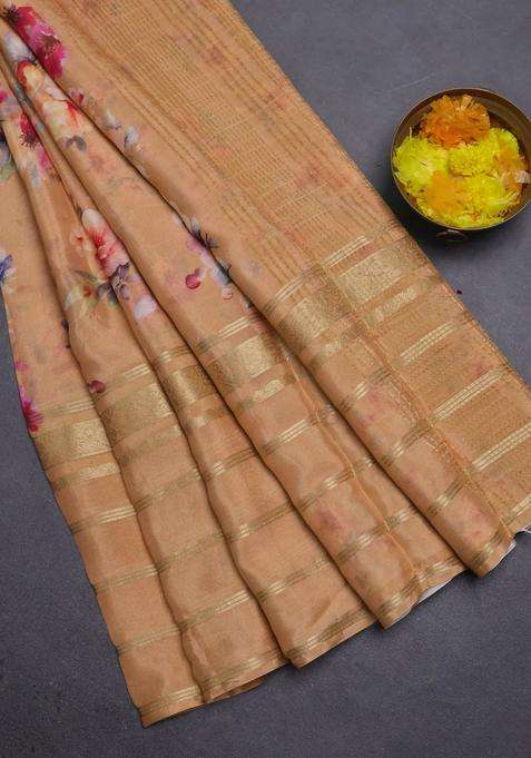 Semi Georgette Saree Pale Orange Shade With Allover Floral Prints And Long Zari Woven Border With Printed Design For Women