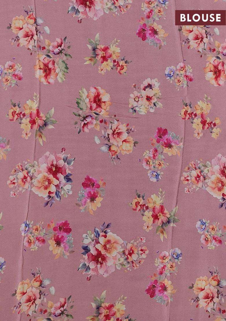 Semi Georgette Saree Pastel Peach Shade With Allover Floral Prints And Long Zari Woven Border With Printed Design For Women - Indya