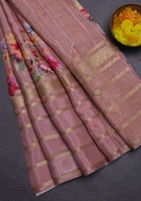 Semi Georgette Saree Pastel Peach Shade With Allover Floral Prints And Long Zari Woven Border With Printed Design For Women