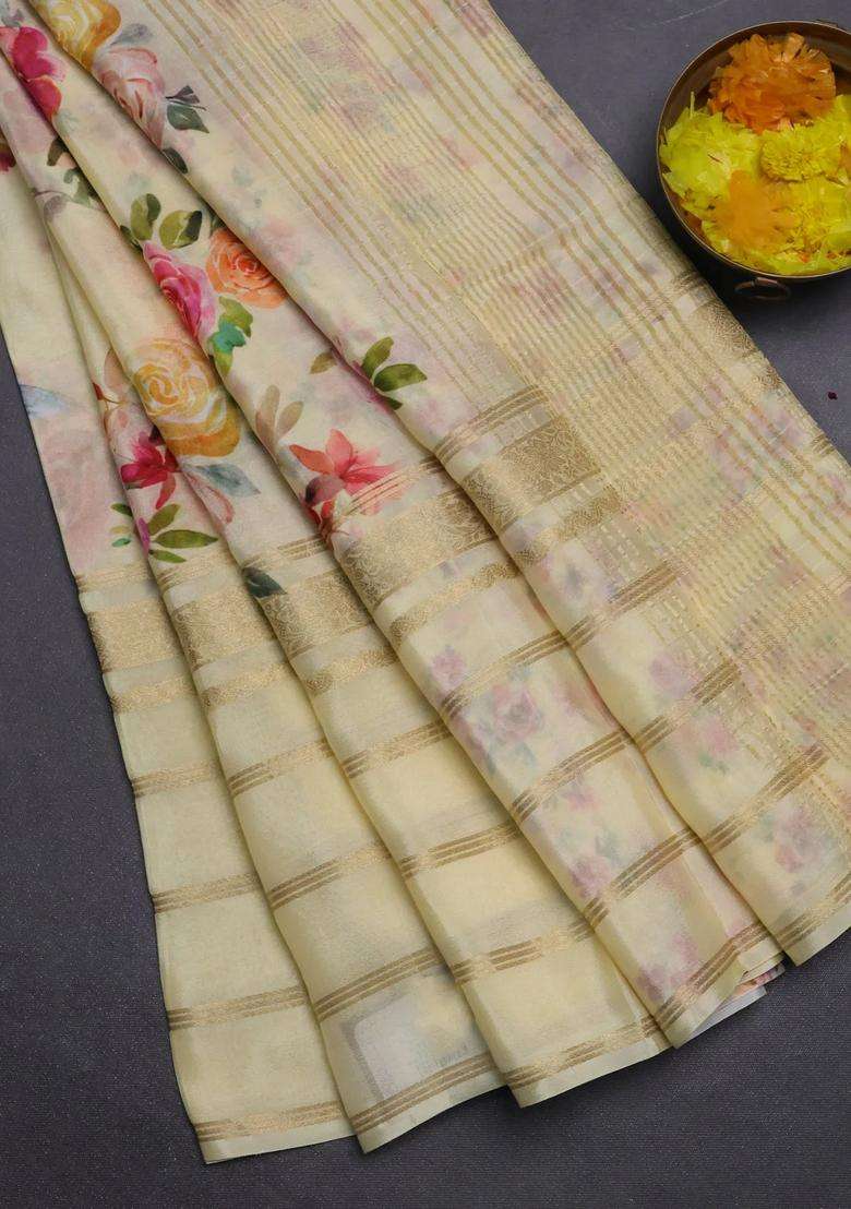 Semi Georgette Saree Pale Yellow With Allover Floral Prints And Long Zari Woven Border With Printed Design For Women - Indya
