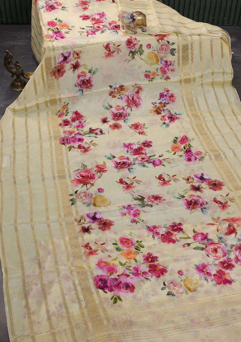 Semi Georgette Saree Pale Yellow With Allover Floral Prints And Long Zari Woven Border With Printed Design For Women - Indya