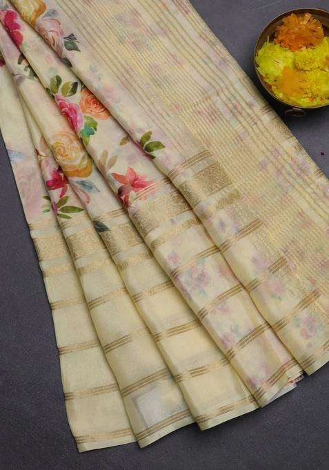 Semi Georgette Saree Pale Yellow With Allover Floral Prints And Long Zari Woven Border With Printed Design For Women
