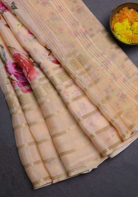 Semi Georgette Saree Pale Orange With Allover Floral Prints And Long Zari Woven Border With Printed Design For Women