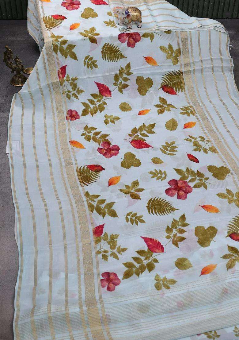 Semi Georgette Saree Teal Blue With Allover Floral Prints And Long Zari Woven Border With Printed Design For Women - Indya