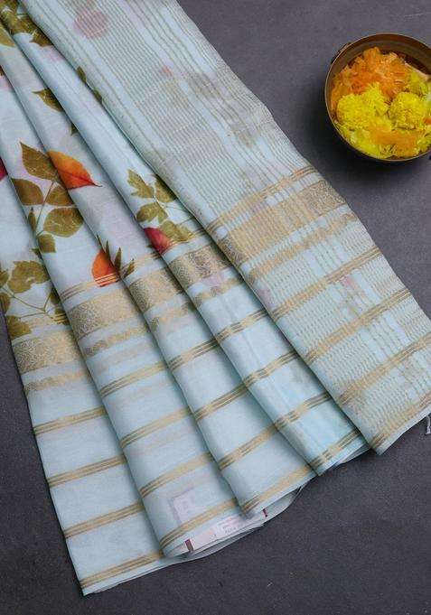 Semi Georgette Saree Teal Blue With Allover Floral Prints And Long Zari Woven Border With Printed Design For Women