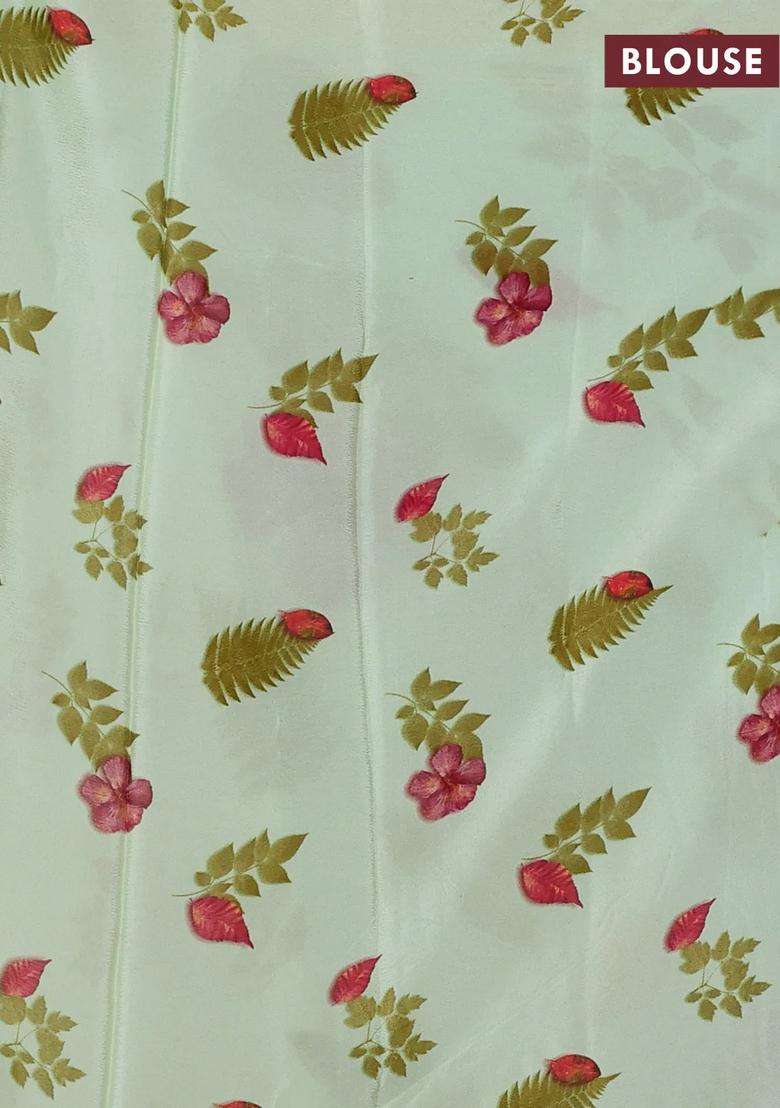 Semi Georgette Saree Pista Green With Allover Floral Prints And Long Zari Woven Border With Printed Design For Women - Indya