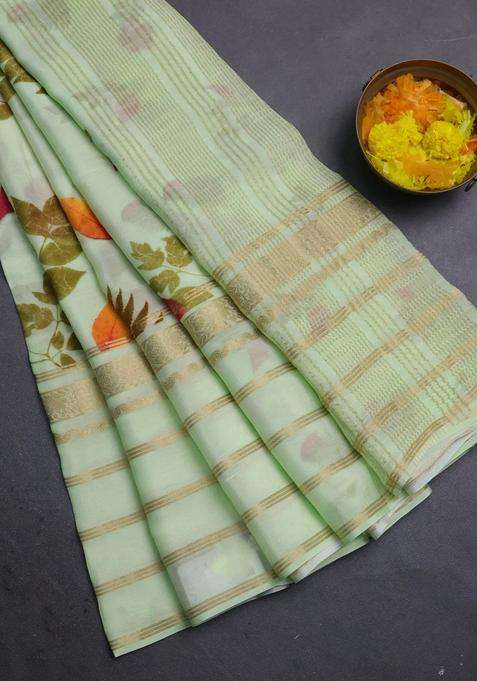 Semi Georgette Saree Pista Green With Allover Floral Prints And Long Zari Woven Border With Printed Design For Women
