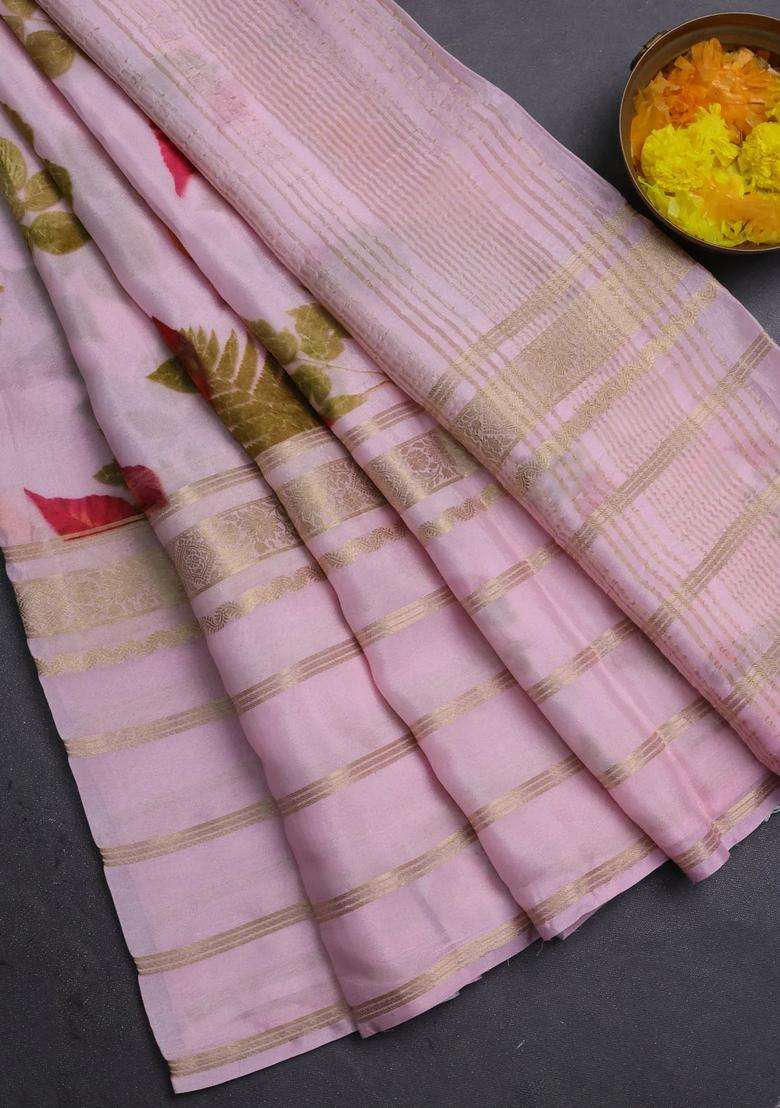 Semi Georgette Saree Light Pink With Allover Floral Prints And Long Zari Woven Border With Printed Design For Women - Indya