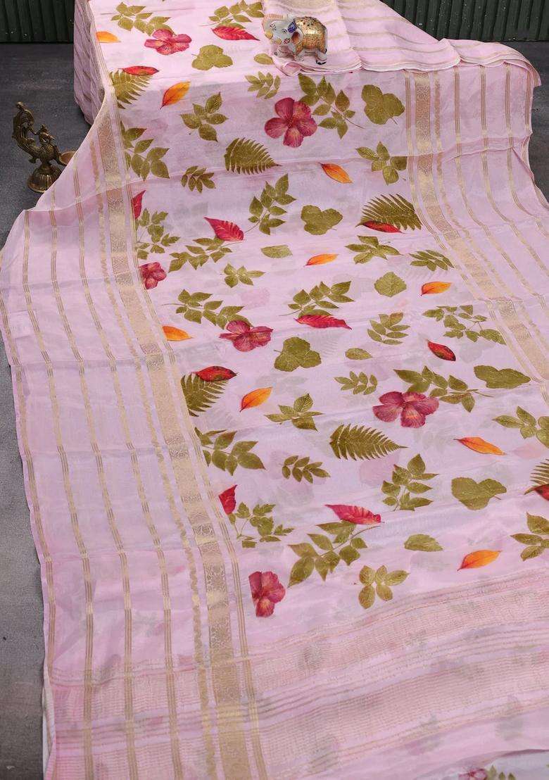 Semi Georgette Saree Light Pink With Allover Floral Prints And Long Zari Woven Border With Printed Design For Women - Indya