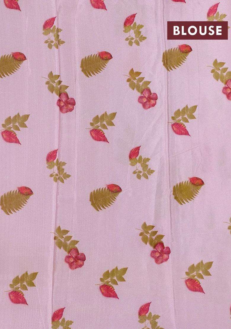 Semi Georgette Saree Light Pink With Allover Floral Prints And Long Zari Woven Border With Printed Design For Women - Indya