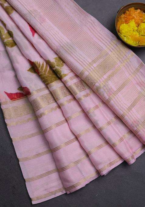 Semi Georgette Saree Light Pink With Allover Floral Prints And Long Zari Woven Border With Printed Design For Women