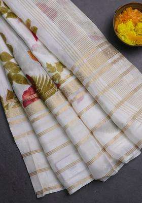 Semi Georgette Saree Off White With Allover Floral Prints And Long Zari Woven Border With Printed Design For Women