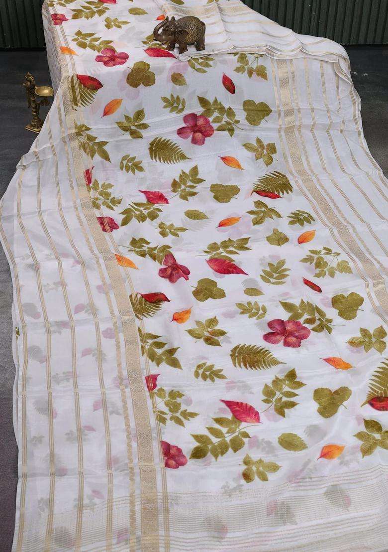 Semi Georgette Saree Off White With Allover Floral Prints And Long Zari Woven Border With Printed Design For Women - Indya