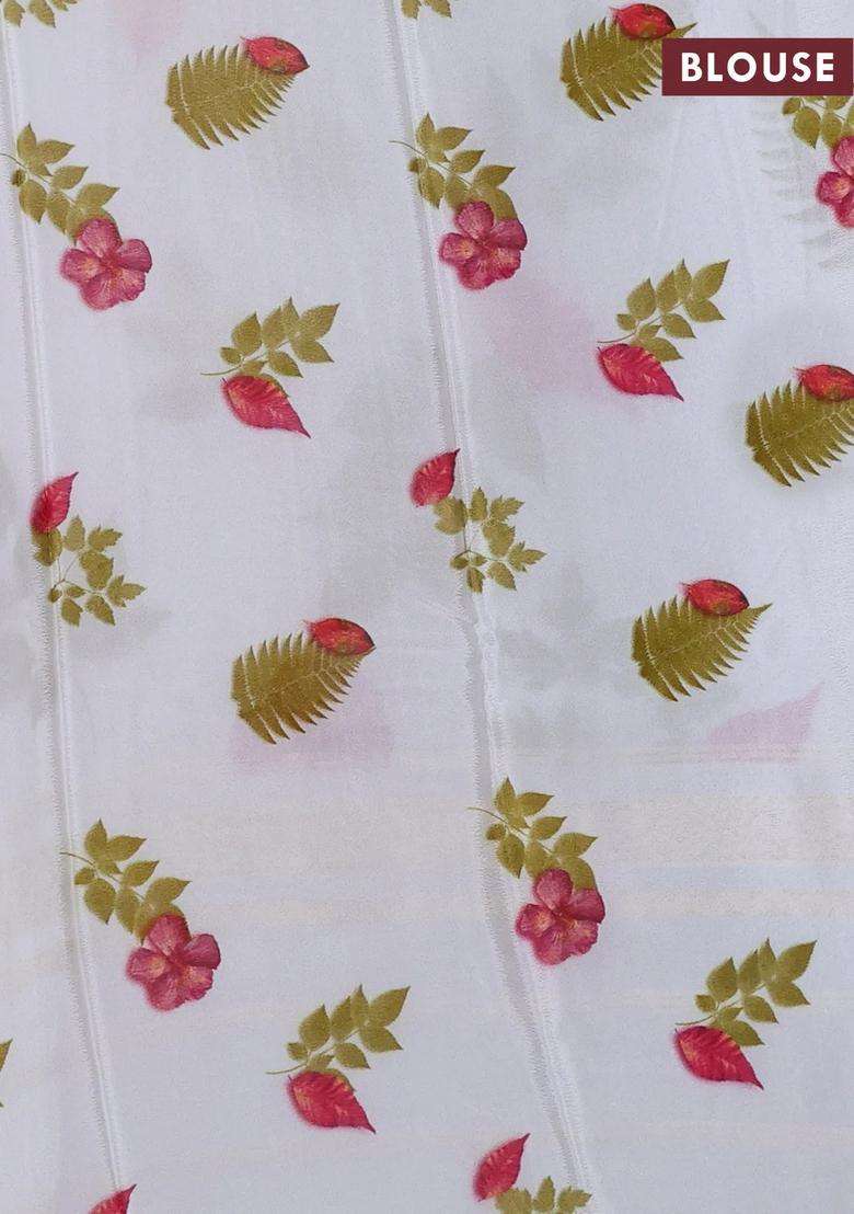 Semi Georgette Saree Off White With Allover Floral Prints And Long Zari Woven Border With Printed Design For Women - Indya